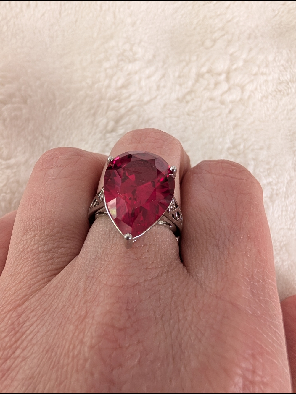 Sterling Silver Large Pear Lab Created Ruby Cocktail Ring Size 7 | BBJ 925